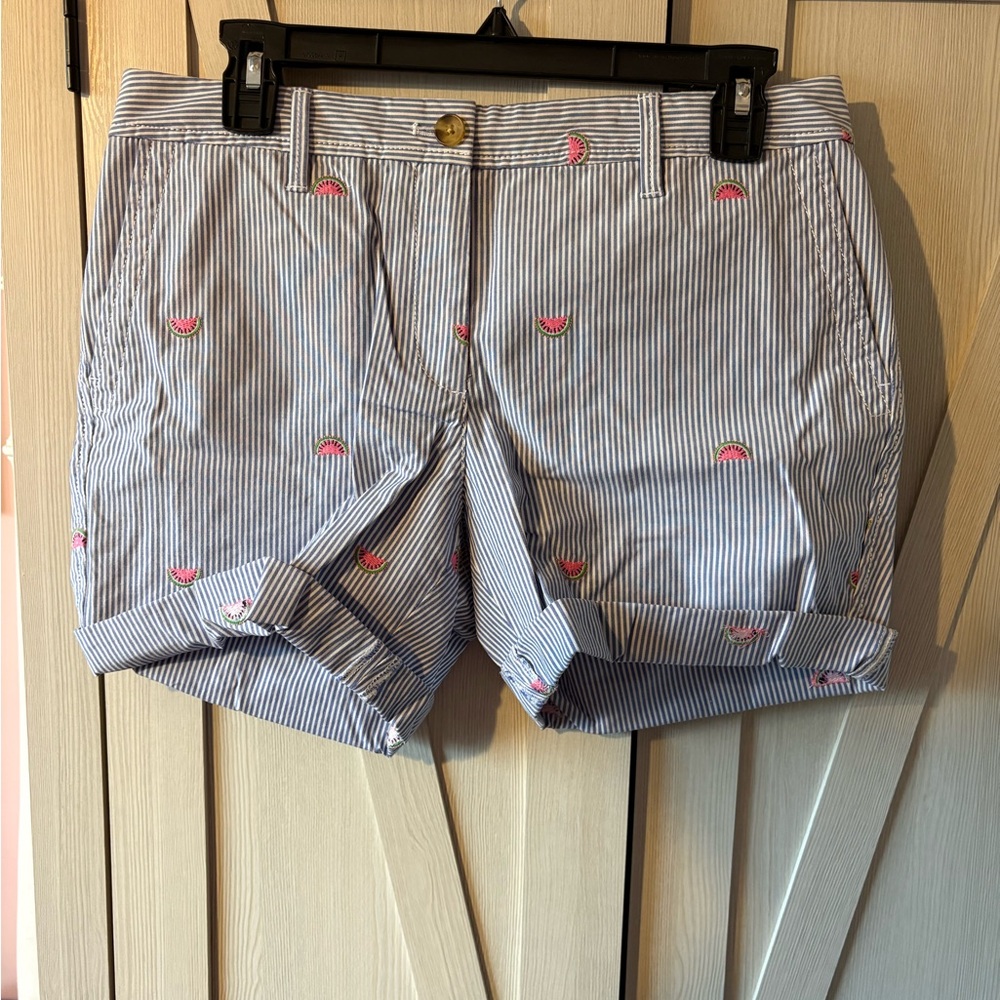 Talbots Blue Seersucker shorts with Watermelon Embroidery